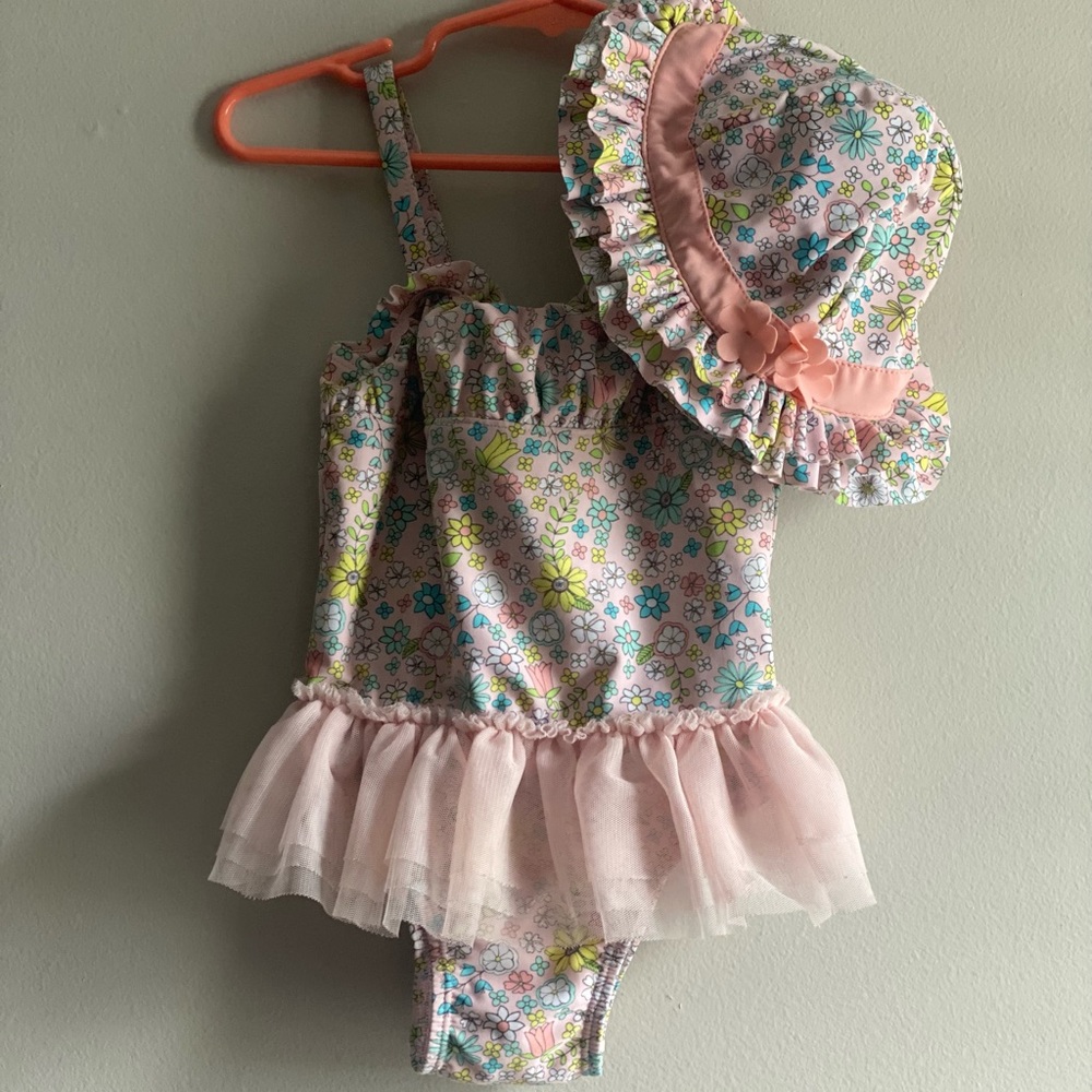 3T floral swimming suit and matching hat set toddler girl